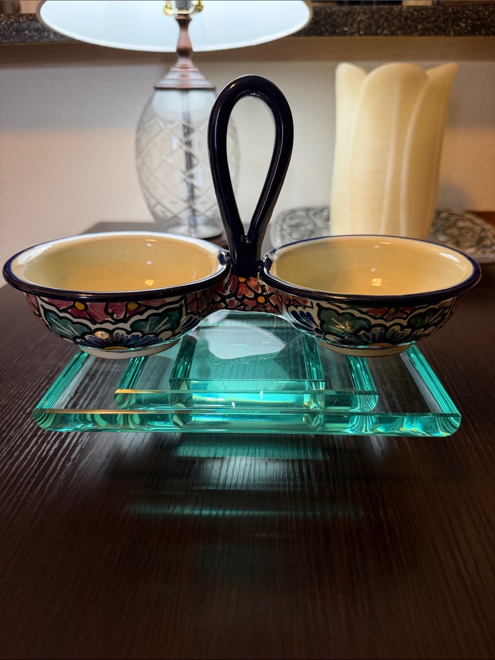 Mexican Talavera Handpainted Double Sided Salsa Bowls With Handle.